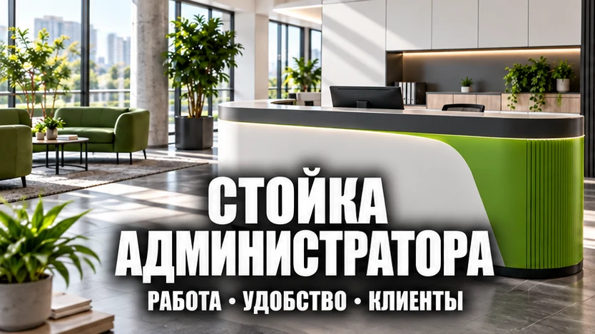 Концептуальная сцена на ресепшн: сотрудник встречает посетителя во время звонка; крупная надпись о работе администратора
