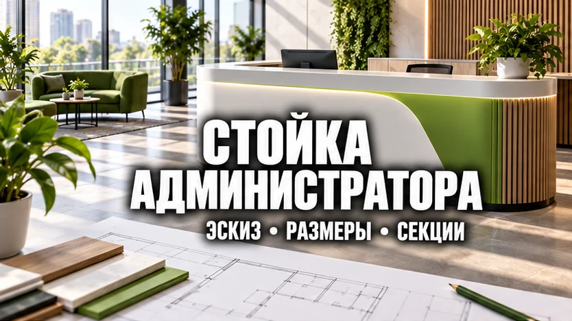 Стойка администратора перед эскизом с надписью «Эскиз, размеры, секции»