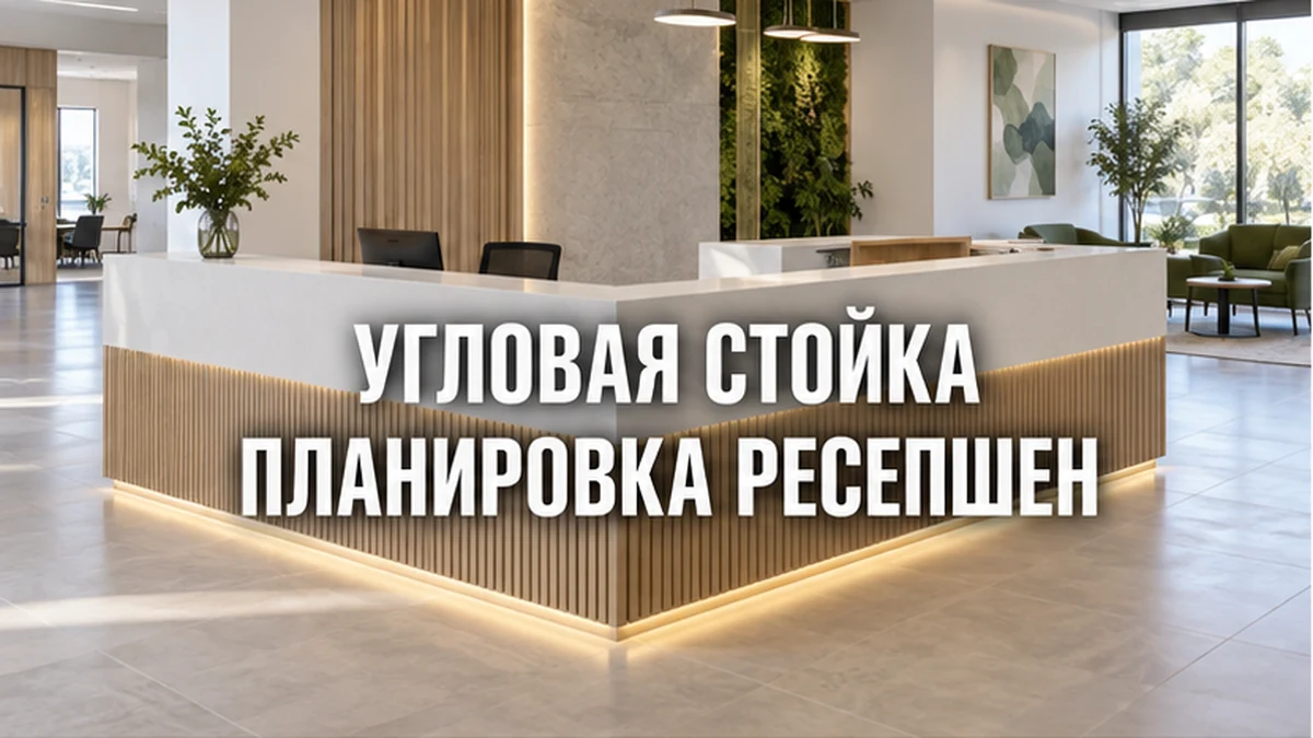 Концептуальная угловая стойка ресепшн в светлой офисной входной зоне