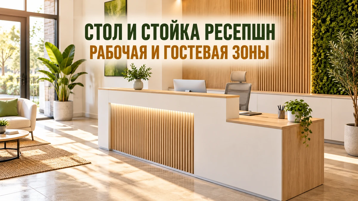 Концептуальная стойка ресепшн с отдельными гостевой и рабочей поверхностями; надпись о двух сторонах стойки