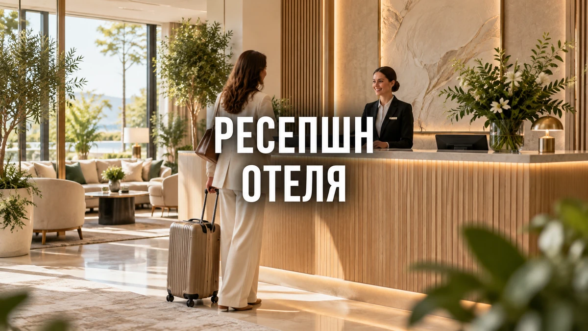 Зона регистрации в светлом гостиничном лобби со стойкой ресепшн