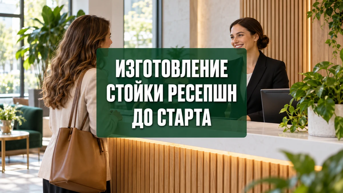 Проект стойки ресепшн, образцы отделки и план зоны приёма на рабочем столе