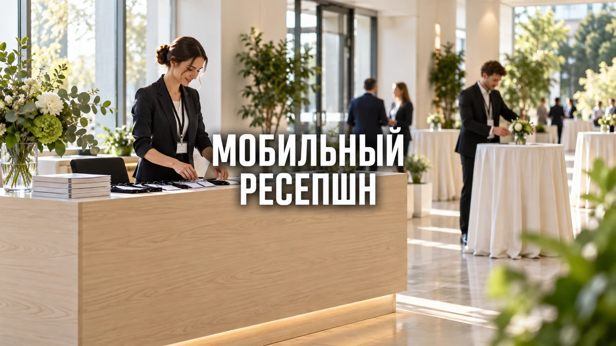 Концептуальная мобильная стойка ресепшн в зоне временной регистрации посетителей