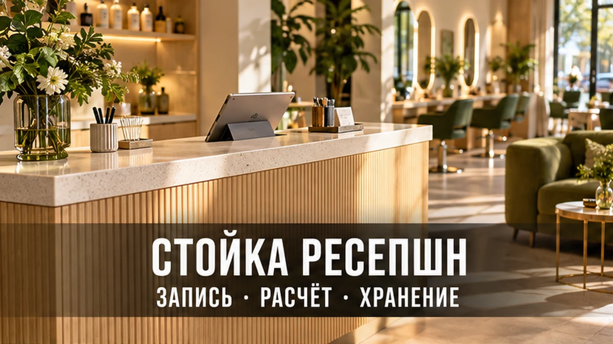 Стойка ресепшн в салоне красоты и аккуратно организованное рабочее место администратора