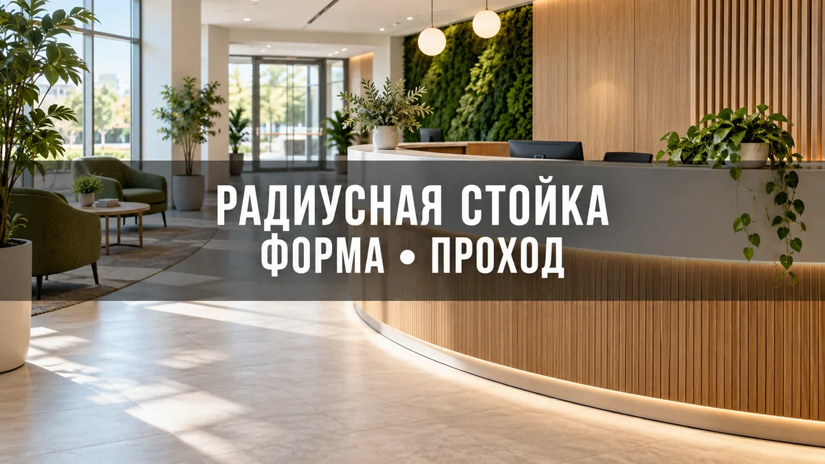 Плавно изогнутая стойка ресепшн в светлой входной зоне с открытым маршрутом для посетителей