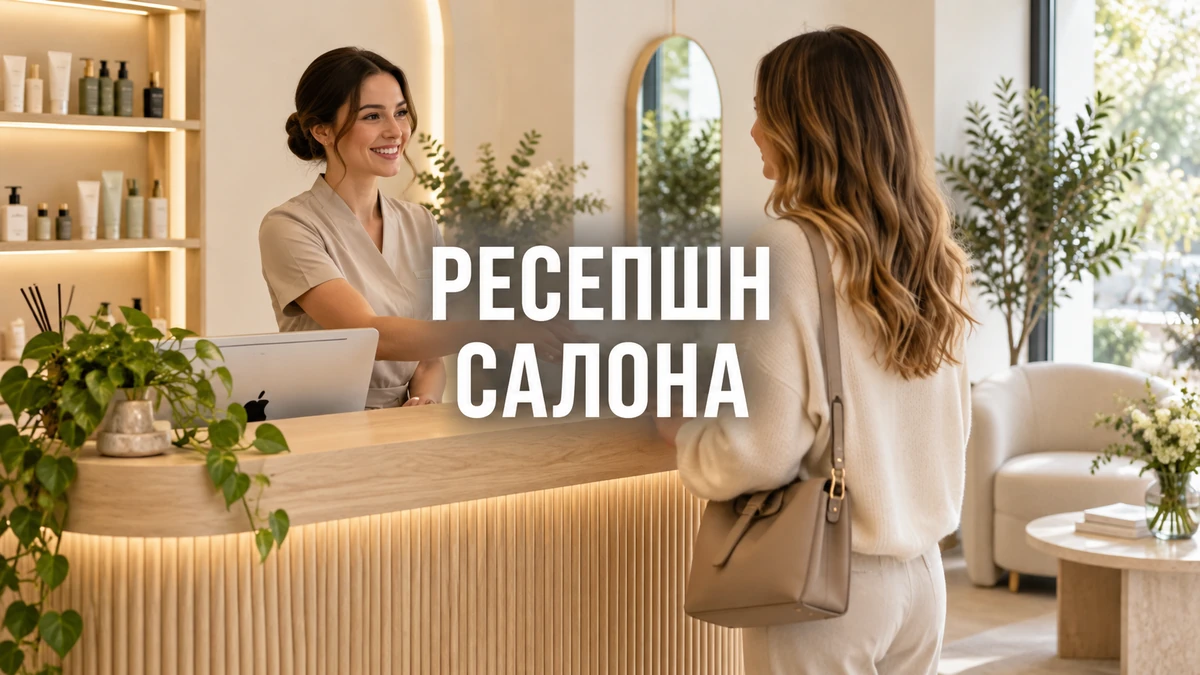 Администратор встречает клиентку за компактной стойкой салона красоты