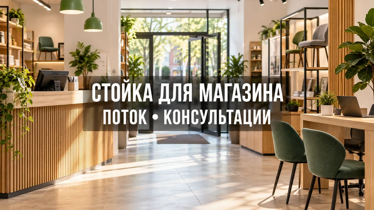 Светлая входная зона магазина с отдельной стойкой для встречи и консультаций