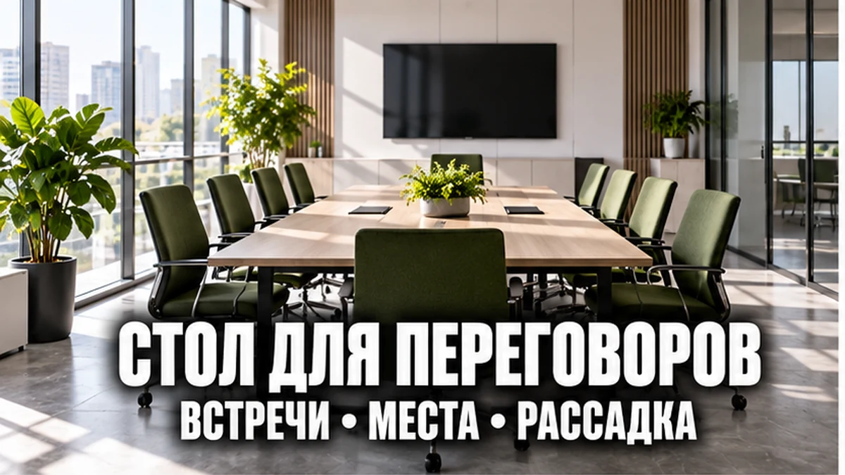 Прямоугольный переговорный стол с креслами и настенным экраном в офисной комнате