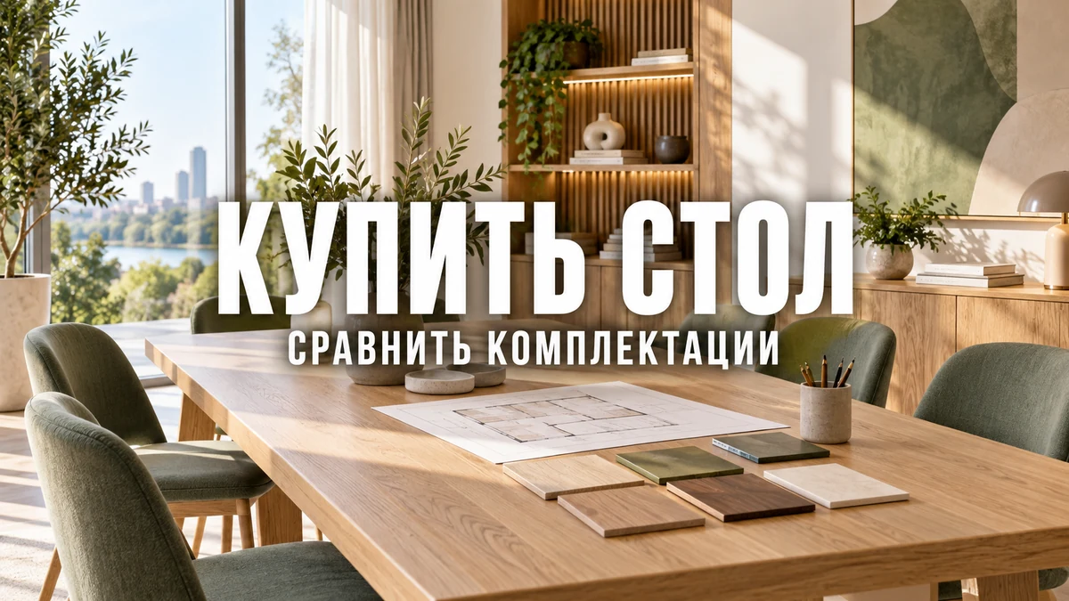 Светлый переговорный кабинет с большим столом и собранными для сравнения вариантами комплектации