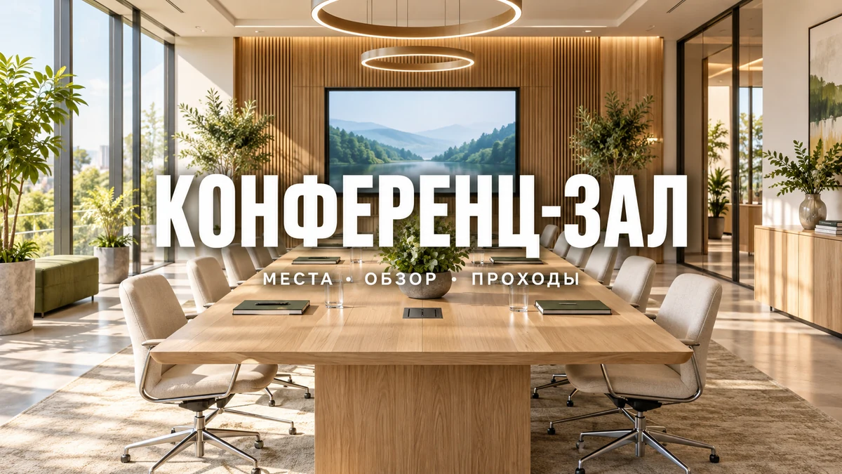 Светлый конференц-зал с длинным столом, экраном и свободными маршрутами вдоль стен