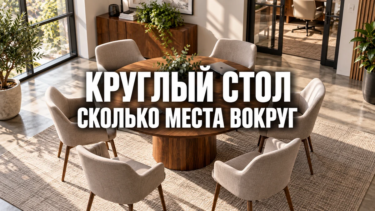 Круглый стол в переговорной с креслами и свободным пространством вокруг для посадки и прохода