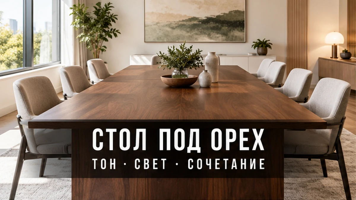 Стол для переговоров в коричневом оттенке орех в светлом современном кабинете