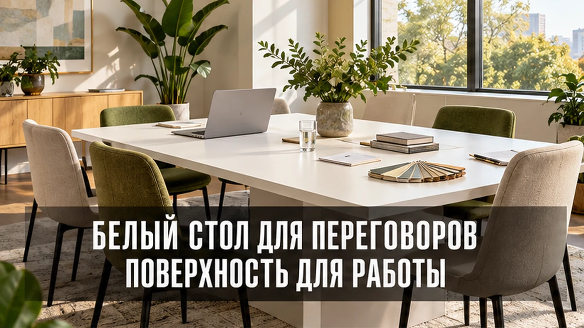 Белый переговорный стол с ноутбуком и креслами в светлом офисе