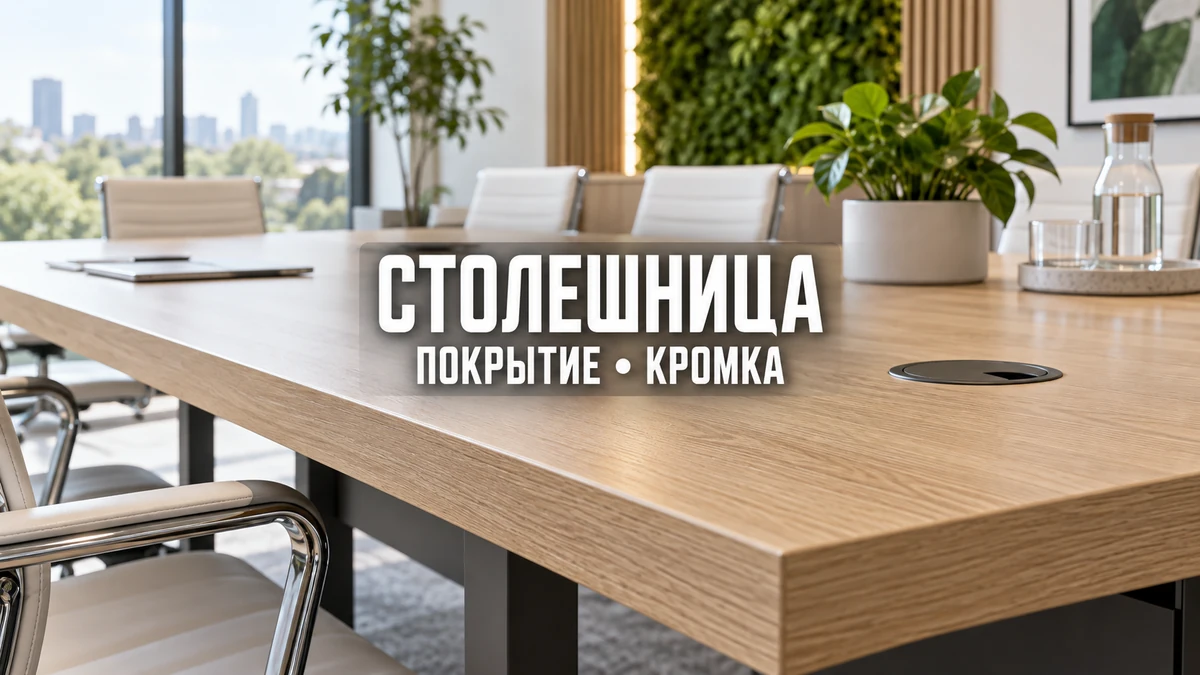 Светлая столешница переговорного стола с креслами и кабельным вводом