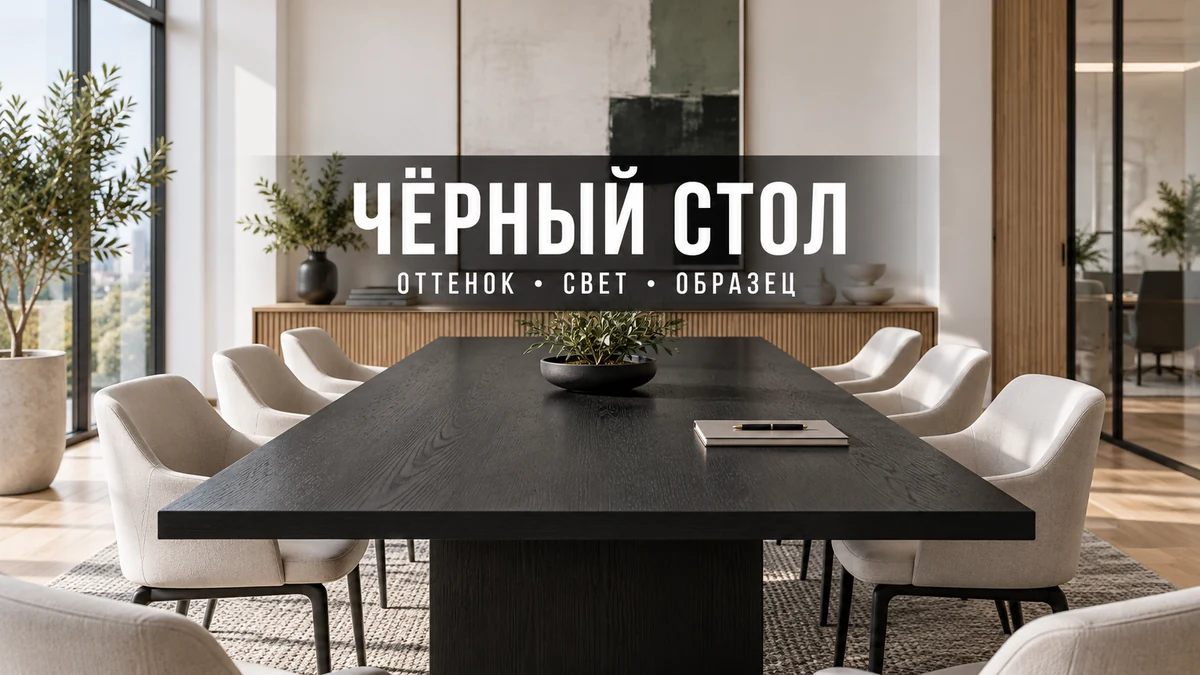 Чёрный переговорный стол со светлыми креслами в современной комнате
