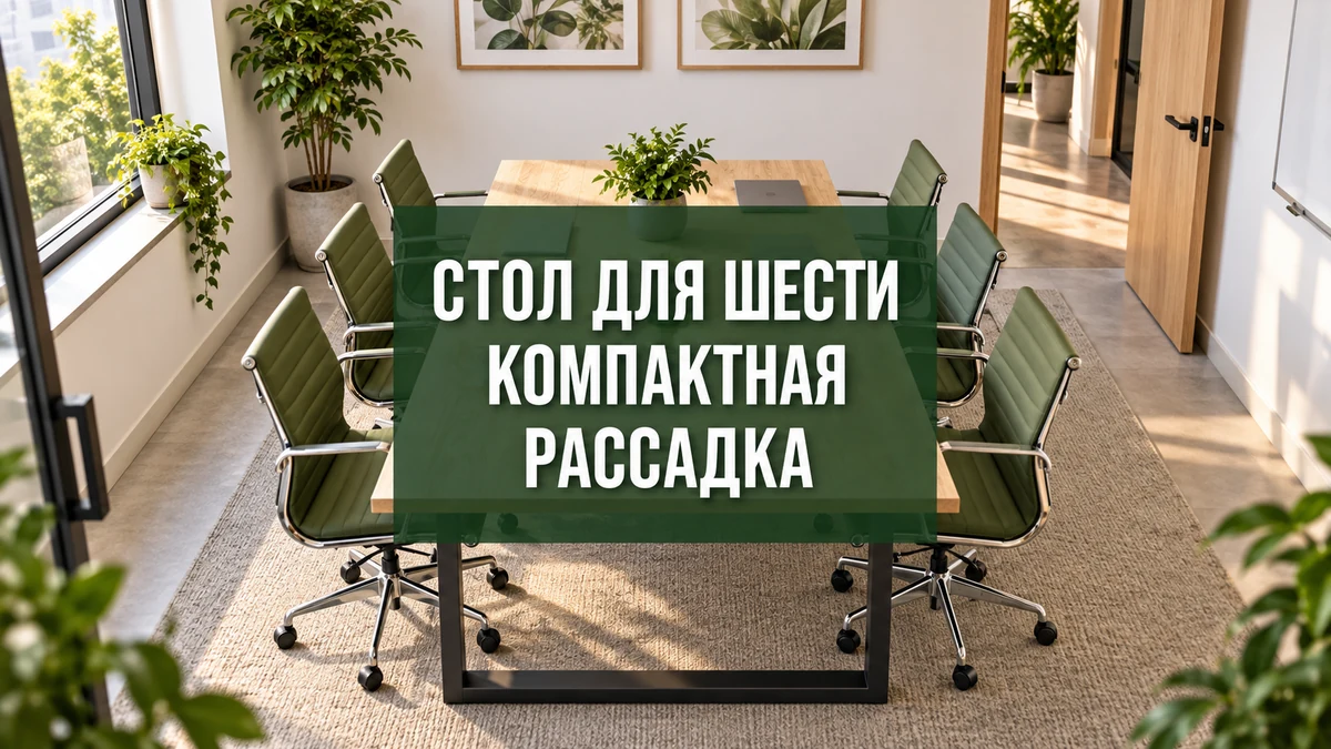Компактный стол для переговоров и шесть кресел в небольшой светлой комнате