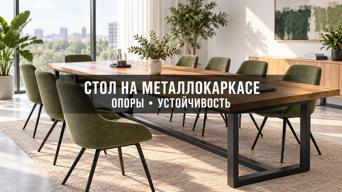 Переговорный стол с металлическими опорами, показанными вместе со столешницей