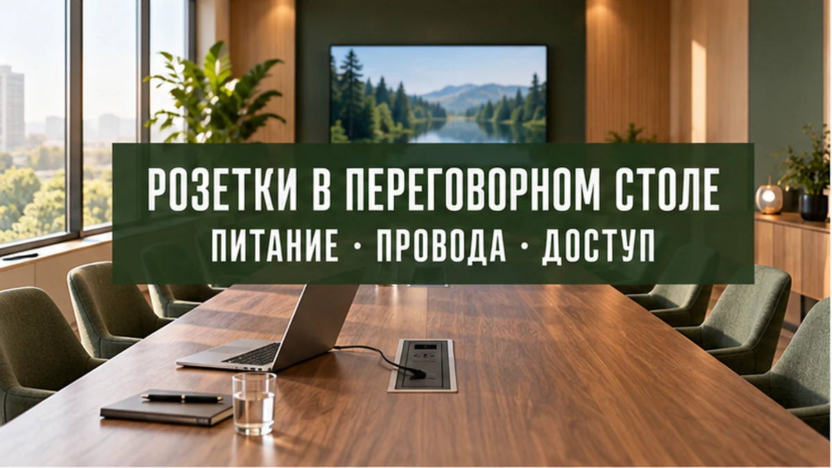 Переговорный стол с ноутбуком, встроенным блоком подключения и проводом