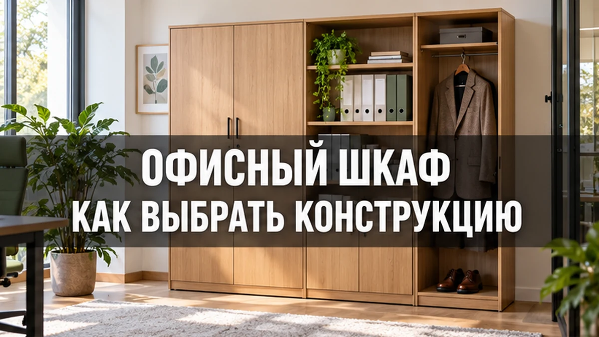 Светлый офисный шкаф с отдельными зонами для папок, верхней одежды и техники