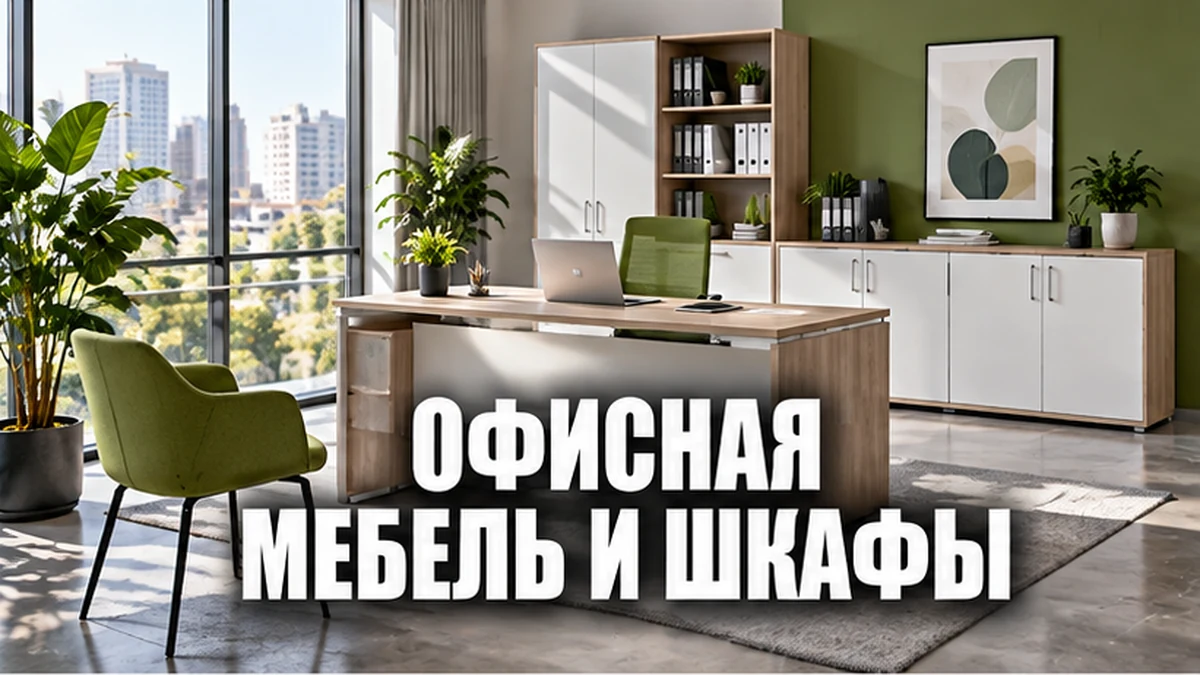 Светлый офис с рабочими столами и шкафами, размещёнными вдоль стены