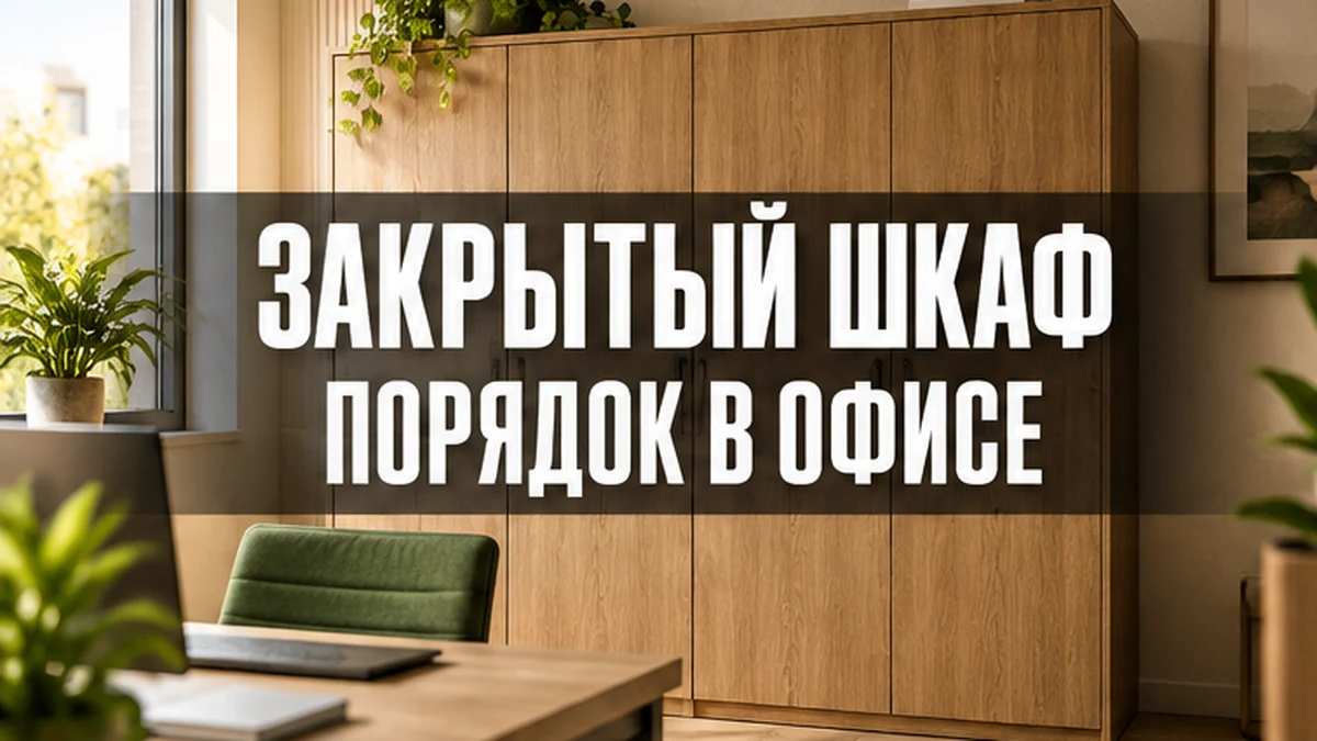 Закрытый офисный шкаф с глухими дверцами в спокойном рабочем интерьере