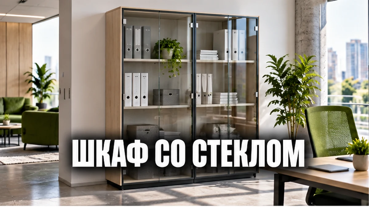 Стеклянный офисный шкаф с папками и каталогами в светлом кабинете