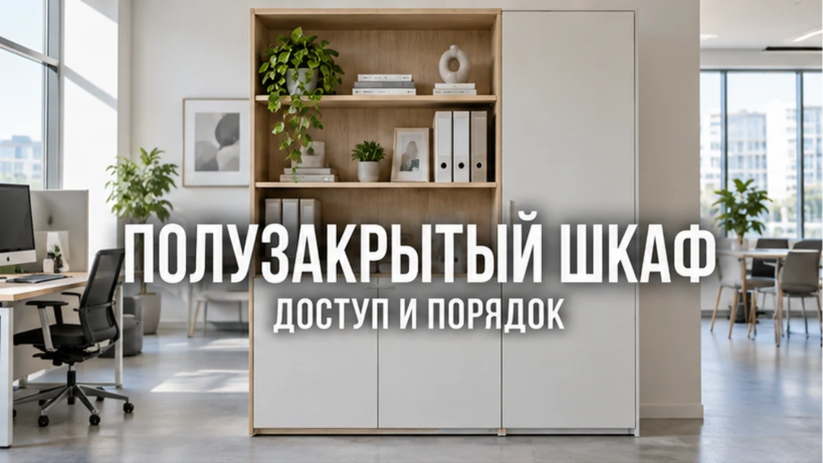 Офисный шкаф с открытыми нишами и закрытыми секциями в спокойном интерьере