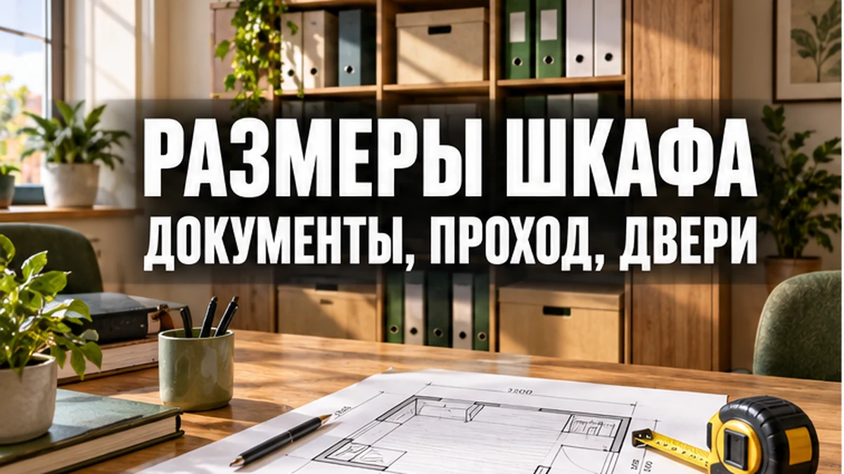 Офисный шкаф для документов рядом с рулеткой и планом замеров