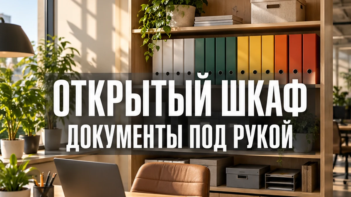Открытый офисный шкаф с аккуратно сгруппированными папками и коробками