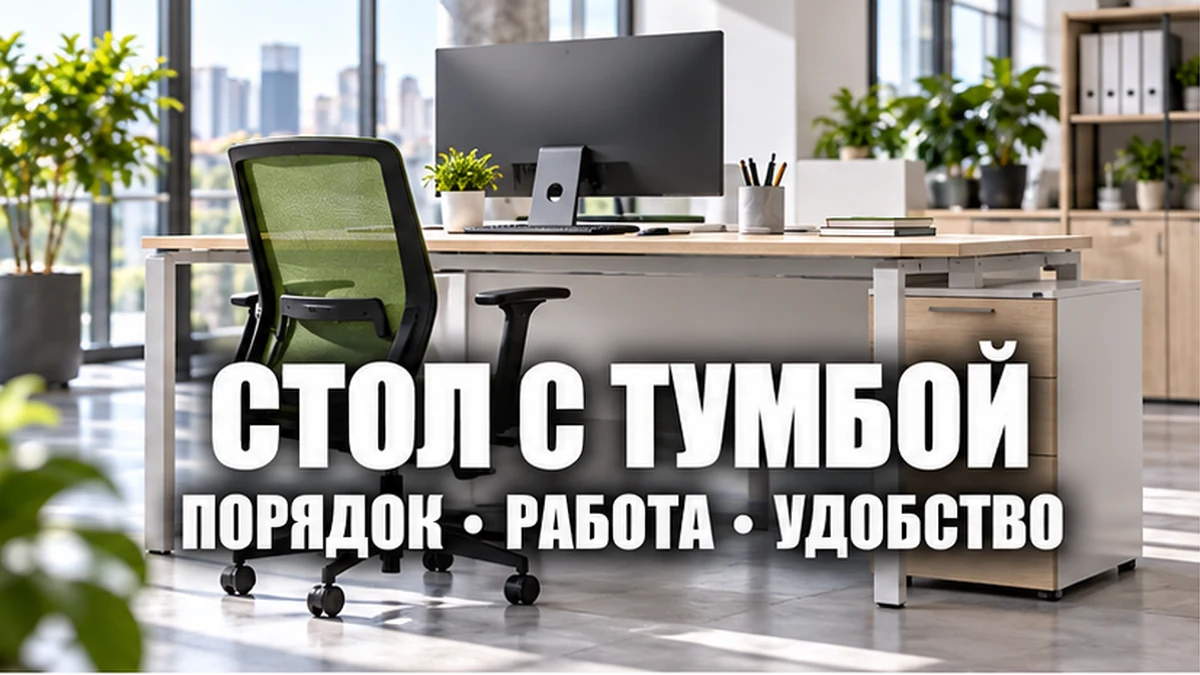 Концептуальное рабочее место: офисный стол и тумба расположены как единая зона для ежедневной работы