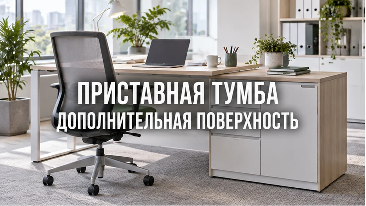 Офисная тумба с боковой рабочей поверхностью рядом со столом в светлом кабинете